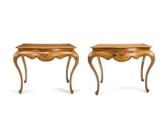 1118
A Pair Of Italian Rococo-Style Console Tables
First-Quarter 20th Century
Each painted wood console table with polychrome floral sprays and scroll-carved ball feet, 2 pieces
Each: 36" H x 45" W x 28" D
Estimate: $600 - $800