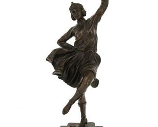 1122
After Bruno Zach
1891-1945, Austrian
Russian Dancer
Patinate bronze on slate base
Signed in the cast: B. Zach; with European Bronze Finery foundry mark
16.25" H x 5.75" W x 4.25" D
Estimate: $200 - $400