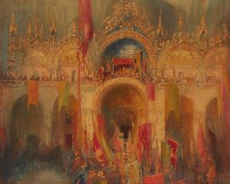 1121
Gennaro Favai
1879-1958, Italian
"Procession In Front Of St. Mark's - Venice"
Oil on panel
Signed lower right: G. Favai; titled on a frame plaque attached verso and with a variant title on a label affixed to the board, verso: "Procession in front of S. Marco"
23.5" H x 28.5" W
Estimate: $1,000 - $1,500