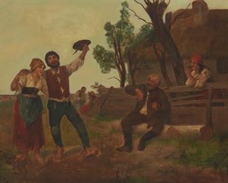 1124
19th Century Continental School
Peasants Dancing Near A Farm
Oil on canvas on board
Appears unsigned
21" H x 25.25" W
Estimate: $800 - $1,200