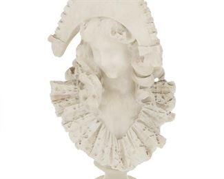 1129
An Italian Alabaster Bust Of A Woman
Late 19th/Early 20th Century
Unsigned
Depicting a woman in late 18th century costume wearing an embellished bicorn
16.5" H x 9" W x 6" D
Estimate: $200 - $400