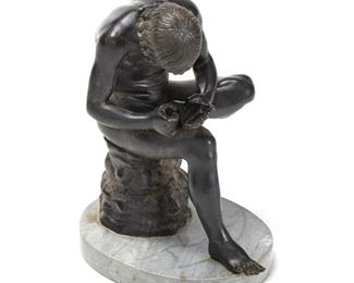 1130
A Spelter "Lo Spinario" Sculpture
20th Century
After the Greco-Roman Hellenistic bronze sculpture known as "Boy with Thorn," "Fedele," or "Spinario," the spelter sculpture raised on a grey marble base
15" H x 10.25" W x 11.25" D
Estimate: $500 - $700