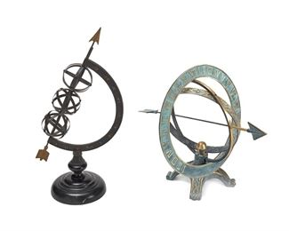 1132
Two Bronze Sundials
20th Century
Comrising one with verdigris patination and one with dark patination, 2 pieces
Larger: 25" H x 13" W x 7.5" D; Smaller: 18" H x 26" W x 15.5" D
Estimate: $300 - $500