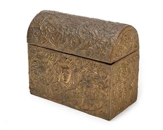 1138
A Continental Brass Repoussé Chest
Late 19th/Early 20th Century
The hump back trunk with brass repousse over wood
17.5" H x20.5" W x 10.5" D
Estimate: $300 - $500