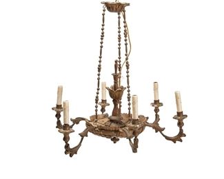 1141
A Swedish Carved Giltwood Chandelier
19th Century
The carved giltwood chandelier issuing six arms with faux-candle sleeve light sockets and suspended from a bead-and-spindle harness, electrified
26" H x 29" Dia.
Estimate: $400 - $600