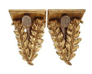 1142
A Pair Of Carved Giltwood Corbels
Late 19th/Early 20th Century
Each wall bracket in the form of Scottish thistle, 2 pieces
Each: 12.5" H x 9.75" W x 8.5" D
Estimate: $400 - $600