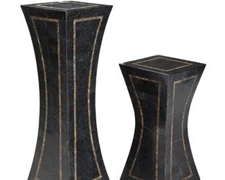 1143
A Near-Pair Of Marble Veneered Pedestals
20th Century
Each concave pedestal with black marble veneer and brown marble banding, 2 pieces
Larger: 42.375" H x 14.25" W x 14.25" D; Smaller: 29" H x 14" W x 14" D
Estimate: $400 - $600