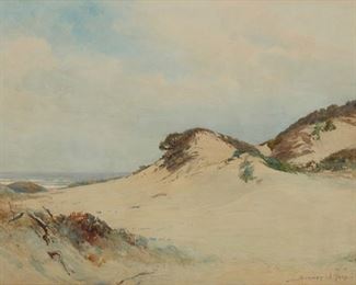 1145
Sydney Janis Yard
1855-1909, Monterey Peninsula, CA
Sand Dunes
Watercolor on paper under glass
Signed lower right: Sydney J. Yard
Sight: 10.75" H x 15.125" W
Estimate: $600 - $800