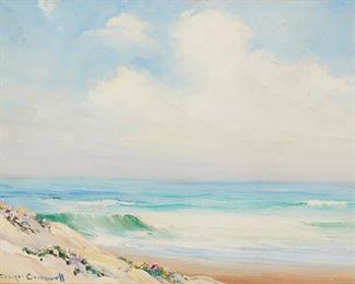 1146
Joane Cromwell
1895-1969, Laguna Beach, CA
"Flowering Dunes"
Oil on canvas board
Signed lower left: Joane Cromwell; titled on an information sheet affixed verso
7" H x 9" W
Estimate: $400 - $600