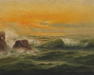 1148
Nels Hagerup
1864-1922, San Francisco, CA
Coastal
Oil on canvas
Signed lower left: N. Hagerup
18" H x 30" W
Estimate: $1,000 - $1,500