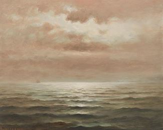 1149
Nels Hagerup
1864-1922, San Francisco, CA
Atmospheric Seascape
Oil on canvas
Signed lower left: N. Hagerup
14" H x 17.75" W
Estimate: $700 - $900