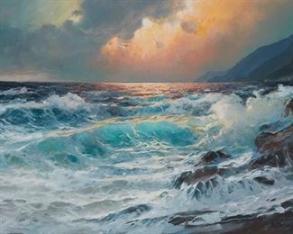 1151
Alexander Dzigurski
1911-1995, California
Ocean Waves Along A Rocky Coast
Oil on canvas
Signed lower right: A. Dzigurski; the artist's copyright ink stamp, verso
24" H x 36" W
Estimate: $600 - $800
