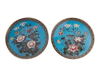 1159
Two Japanese Cloisonné Chargers
Meiji Period (1868-1912) <br />
Each enamel cloisonne charger with floral and avian motifs on a blue ground and imbricated motif to verso, 2 pieces
1.5" H x 12" Dia.
Estimate: $500 - $700