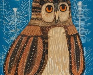 1166
Sheila Flinn
b. 1929, British
Owl On Blue Background
Oil on canvas board
Signed lower right: Sheila Flinn
10" H x 8" W
Estimate: $500 - $700