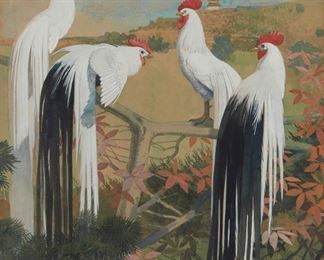 1167
Julius Moessel
1871-1957, Chicago, Il
Asian Fowl
Gouache on board under glass
Signed lower left: Moessel
Sight: 23.75" H x 20.875" W
Estimate: $600 - $800