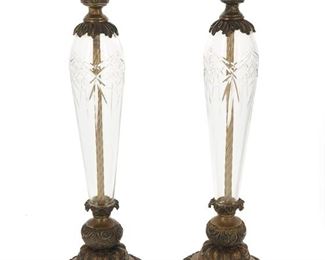 1169
A Pair Of Cut Crystal And Bronze Candlesticks
20th Century
Each with matching raised marking to underside, possible cipher
Each with cut lead glass column, 2 pieces
Each: 16.75" H x 5.75" Dia.
Estimate: $200 - $300