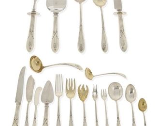 1173
A Gorham "Rose Marie" Sterling Silver Flatware Service
20th Century
Each marked for Gorham and sterling <br />
Designed 1933 by Alex H. Staf, comprising 13 hollow-handled New French place knives (8.875"), 1 master butter knife (7.125"), 12 butter spreaders (5.7"), 13 place forks (7.25"), 12 gold wash salad/fish forks (6.625"), 6 gold wash ice cream forks (5.875"), 12 cocktail forks (5.5"), 1 pickle fork (5.875"), 7 cream soup spoons (6.25"), 13 teaspoons (5.875"), 6 gold wash demitasse spoons (4.25"), 1 sugar shell spoon (6"), 2 gold wash gravy ladles (6.5"), 1 gold wash cream ladle (5.25"), 4 serving/tablespoons (8.5"), 1 serving fork (8"), 1 hollow-handled small carving fork (9"), 1 hollow-handled small carving knife (9.875"), 1 hollow-handled pie server (10"), and 1 hollow-handled cheese server (6.5"), personalized, 109 pieces
Weighable sterling: 100.35 oz. troy approximately
Estimate: $1,000 - $1,500