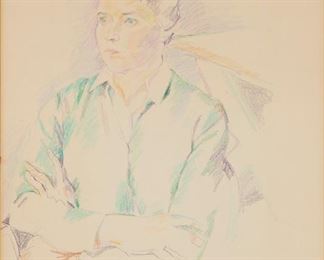 1181
Hyde Solomon
1911-1982, New York, NY
"Portrait Of Dilys Evans," 1964
Colored pencil on paper under glass
Signed and dated lower center: Hyde Solomon; titled upper right
Sight: 24.5" H x 18.5" W
Estimate: $100 - $200
