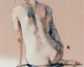 1180
Catherine Woskow
b. 1958, Ukiah, CA
"Seated Figure"
Mixed media on artist's board under Plexiglas
Signed lower right: Woskow [indistinct]; titled from the copy of a gallery receipt attached to the frame
Sight: 35" H x 25" W
Estimate: $300 - $500