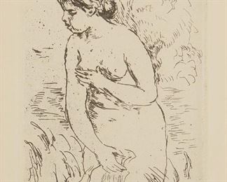 1182
Pierre-Auguste Renoir
1841-1919, French
"Baigneuse Debout, À Mi-Jambes," Circa 1910
Etching on wove paper under glass
From the posthumous edition of unknown size; unsigned
Plate: 6.5" H x 4.375" W; Sight: 7.5" H x 5.375" W
Estimate: $200 - $300