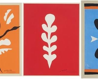 1185
After Henri Matisse (1869-1954, French)
Three works:

"Danseuse acrobatique"; "Palme blanches sur fond rouge"; and "Fleur à quatre pétales," by Michel Caza
Each: Screenprint in colors on paper, the first two under glass
Edition 919/975; 903/975; and 930/975, respectively
Each: Signed with the printed signature in the image only; stamped in the lower right corner of the image: Sérigraphie exécutée par Michel Caza d'après la gouache decoupée originale par Henri Matisse; Editions des Nouvelles Images, France, prntr; Spadem, France, pub.
Estimate: $300 - $500