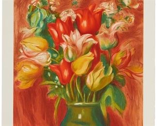 1184
After Pierre-Auguste Renoir
1841-1919, French
Tulips
Color lithographic reproduction on Arches wove paper
955/1000; printed posthomously, estate signed by the artist's grandson, Paul Renoir together with a blindstamp of the artist's name in the lower margin at right; the Mourlot Paris blindstamp in the lower left margin corner
Image: 23.25" H x 18" W; Sheet: 30" H x 21.25" W
Estimate: $200 - $400