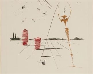 1186
Attributed To Salvador Dali
1904-1989, Spanish
"L'Astre," 1978
Color etching on paper under glass
Edition of unknown size; bears signature: "Dali," and edition notation: "E.A.," both in pencil in the lower margin; titled and dated by repute
Plate: 15.25" H x 11.5" W; Sight: 20.5" H x 13.25" W
Estimate: $300 - $500