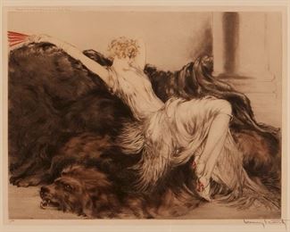 1190
Louis Icart
1888-1950, French
"Laziness," 1925
Hand colored etching/aquatint on paper under Plexiglas
Signed lower right: Louis Icart, inscribed upper left "Copyright 1925 by les Graveurs Modernes 194 rue de Rivoli. Paris," inscribed "Epid A" lower left
Sight: 16.75" H x 21" W; Image: 15" H x 19" W
Estimate: $500 - $700