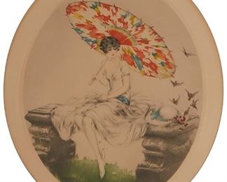 1191
Louis Icart
1888-1950, French
"Parasol," 1928
Color etching, aquatint and drypoint with touches of hand-coloring on paper under glass
Numbered 330 and signed in pencil in the lower margin: Louis Icart; with the artist's blindstamp in the lower margin and the dated copyright along the upper edge of the plate
Plate/oval: 18" H x 14.875" W; Sight/oval: 20.25" H x 17.125" W
Estimate: $500 - $700