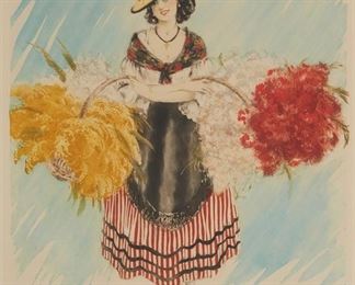 1192
Louis Icart
1888-1950, French
Woman Carrying Baskets Of Flowers, 1939
Etching, aquatint and drypoint with hand-coloring on paper under glass
From the edition of unknown size; signed in pencil in the lower margin, at right: Louis Icart; the dated copyright in the plate at the upper left; the artist's blindstamp, lower left, mostly covered by the overmat
Plate: 18.625" H x 14.375" W; Sight:19.125" H x 14.75" W
Estimate: $500 - $700