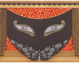 1193
Romain (Erté) De Tirtoff
1892-1990 Russian/French
"Eyes Of Jealousy," 1983
Color screenprint on paper under Plexiglas
Edition 16/300; signed lower right: Erté
Image/Sheet: 25.125" H x 40.375" W
Estimate: $400 - $600