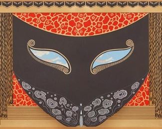 1194
Romain (Erté) De Tirtoff
1892-1990, Russian/French
"Eyes Of Love," 1983
Color screenprint on paper under Plexiglas
Edition AP 34/60; signed lower right: Erté
Sight: 24.5" H x 39.625" W
Estimate: $400 - $600