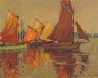 1208
Oliver Milburn
1883-1932 Los Angeles, CA
"Concarneau Boats"
Oil on board
Signed lower right: Oliver Milburn; titled very faintly in pencil, verso; this title confirmed by a note, written in a later hand, affixed to the verso.
12" H x 15.25" W
Estimate: $800 - $1,200