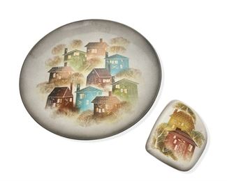 1214
Sascha Brastoff
1917-1993, American
Charger And Covered Dish With Houses
Glazed ceramic
Each signed: Sascha B; charger further marked: Sascha Brastoff / California / USA / 053; dish further marked: Sascha Brastoff / California / USA / F1B
Charger: 1.25" H x 17.125" Dia.; Dish: 2" H x 5.5" W x 6.875" D
Estimate: $200 - $400