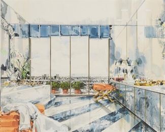 1215
Irving Jeremiah Goodman
1922-2017, New York, NY
Bathroom With L.A. View
Watercolor, gouache, ink and graphite on illustration board
Signed lower right: Jeremiah
Image: 22.75" H x 32.25" W; Overall: 30" H x 40" W
Estimate: $600 - $800