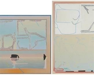 1216
Robert Keyser (1924-1999, Philadelphia, PA)
Two works:

"Greetings from Altenberg - 2nd Version," 1975
Oil on canvas
Signed and dated lower left: Robt. Keyser / '75
27" H x 32" W

Abstract composition, 1977
Oil on canvas
Signed and dated right center: Robt. Keyser / '77
33.5" H x 27.5" W
Estimate: $400 - $600