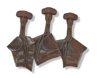 1224
A Brutalist-Style Iron Figural Wall Sculpture
Second Half 20th Century
Appears unsigned
Depicting three abstract figures wearing Spanish matador "traje de luces" outfits
34" H x 41" W x 4" D
Estimate: $400 - $600