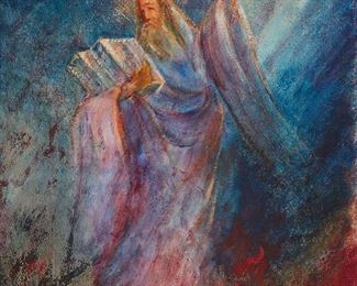 1230
Zvi Raphaeli
1924-2005, Israeli
"Moses And The Tablets At Mt. Sinai"
Oil on canvas laid to panel
Signed lower right in Hebrew and lower left: Z Raphaeli; titled on a label affixed verso
30" H x 24" W
Estimate: $1,000 - $1,500