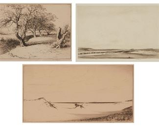 1233
Kerr Eby (1889-1946, Norwalk, CT)
Three works:

"Salisbury Plains," 1929
Etching on paper under glass
Edition of 90; signed and inscribed in pencil in the lower margin: Kerr Eby imp. / Ed 90
Plate: 7" H x 10.75" W

"Sand and Sea," 1921
Etching on paper under glass
Signed and inscribed in pencil in the lower margin: Kerr Eby imp.
Plate: 6.75" H x 5.125" W

"The Old Orchard"
Etching on paper under glass
Signed and inscribed in pencil in the lower margin: Kerr Eby imp.
Plate: 7" H x 9.125" W
Estimate: $300 - $500