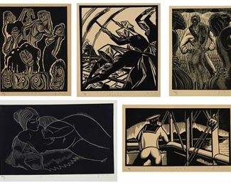 1232
20th Century American School
Five works:

"Female Railway Workers," "Outlook," Untitled (Jazz Club),"Voodoo," and "Lupe"
Each: Wood engraving on either cream or white wove paper, the fourth under glass
Each: Edition A/P; initialled [illegible], titled [except the third], dated1927, 1931, 1935, 1935, and1938, respectively, in pencil in the lower margin


Largest image: 6.75" H x 11" W; Smallest image: 7.375" H x 5.375" W
Estimate: $400 - $600