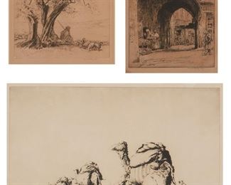 1234
Kerr Eby (1889-1946, Norwalk, CT)
Three works:

"Desert Freight," 1928
Drypoint on paper under glass
Signed and inscribed in pencil in the lower margin: Kerr Eby imp.; Edition of 75
Plate: 8.875" H x 14" W

"Rue Dominique Conte," 1923
Signed and inscribed in pencil in the lower margin: Kerr Eby imp.
Plate: 7.375" H x 5.625" W

"The Goat Herd, Algeria," 1922
Signed and inscribed in pencil in the lower margin: Kerr Eby imp.
Plate: 5.5" H x 6.5" W
Estimate: $300 - $500
