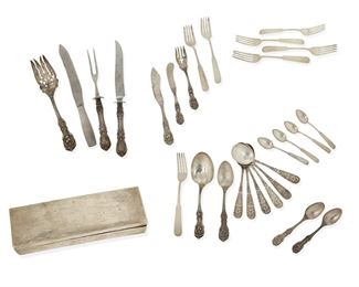 1242
A Group Of Sterling Silver Flatware And Humidor Box
19th/20th Century
Each marked for sterling, with various maker's marks
Each variously patterned and comprising various forms of spoons, forks, knives, and serving pieces, together with a humidor box, makers include Reed and Barton, Steiff, Porter Blanchard, and Georg Jenson, 29 pieces
Larger: 10.375"L; Smaller: 5.375" L
Weighable sterling: 37.72 oz. troy approximately
Estimate: $600 - $800