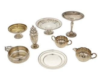 1245
A Group Of Sterling Silver Holloware Items
20th Century
Each marked for sterling, with various maker's marks
Comprising a matching creamer and sugar set, a porringer, a small dish, a shaker, a small weighted compote, a medium weighted compote, and a large weighted compote, makers include Gorham, Lunt, M. Fred Hirsch Co. and Revere, 8 pieces
Larger: 6" H x 5.75" Dia.; Smaller: 2" H x 5.25" W x 3.25" D
Weighable sterling: 17.505 oz. troy approximately
Estimate: $300 - $500