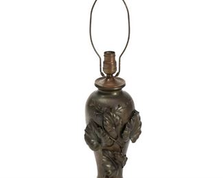 1260
A Japanese Bronze Table Lamp Base
Meiji Period (1868-1912)
The single-light bronze lamp with high-relief leaves and a frog, electrified
24.5" H x 6" Dia.
Estimate: $200 - $300