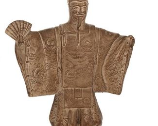 1259
An Austin Productions Plaster Sculpture Of A Japanese Figure
Circa 1981
Marked in the cast: Austin Prod / Inc 1981 ©
Depicting a male figure wearing Heian Period (794-1185) costume and a kazaori-eboshi hat, raised on a black wood base
23" H x 18" W x 5.25" D
Estimate: $200 - $300