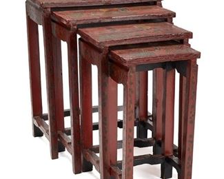 1262
A Set Of Chinese Lacquered Wood Nesting Tables
20th Century
Comprising four tables, each with red cinnabar-style lacquer and polychrome intaglio figural scenes, 4 pieces
Larger: 28" H x 22.5" W x 13.5" D; Smaller: 23" H x 12" W x 8.5" D
Estimate: $300 - $500