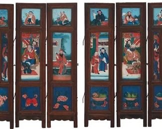 1264
Two Chinese Reverse Painted Table Folding Screens
20th Century
Each small, three-panel folding screen with wood frame surrounding reverse-painted glass panels depicting figural scenes, 2 pieces
Each: 20.75" H x 15.5" W x 1" D approximately
Estimate: $400 - $600