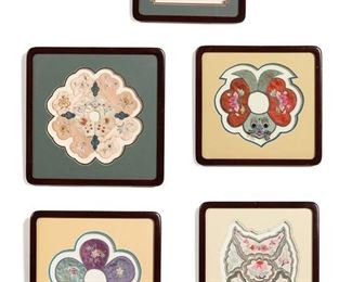 1266
Five Framed Chinese Silk Textile Elements
20th Century
Each of various shapes and sizes with floral and animal motifs in various colors with embroidery, metal thread, silk floss, sequins, and woven patterns, some padded, comprising two tear-drop elements in blue silk (3.75" L x 2.5" W approximately), floral-form petals (9.625" Dia.), a floral roundel with sequins (10.625" Dia. approximately), an oval shaped element with five parts joined by beads (10" H x 8.5" W approximately), and a figural roundel with a face (8.5" H x 9.75" W), 5 pieces
Larger frame: 16" H x 14" W; Smaller frame: 10.875" H x 13.875" W
Estimate: $100 - $200