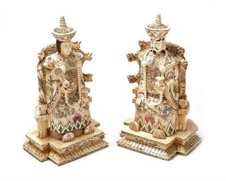 1271
A Pair Of Chinese Bone Veneer Imperial Figures
20th Century
Depicting a seated emperor and empress, 2 pieces
Each: 16.5" H x 9.5" W x 8.25" D approximately
Estimate: $500 - $700