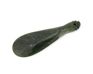 1291
A Carved Green Stone Short Club
20th Century
Possibly Maori, with stepped handle
6.5" L x 2.125" W x 0.5" D
Estimate: $400 - $600